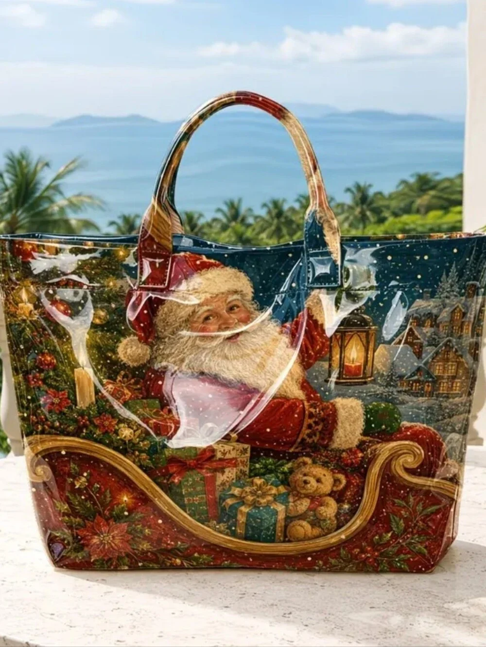 Santa Klaus Vintage Setting Christmas Holiday PVC Large Tote Daily Commute